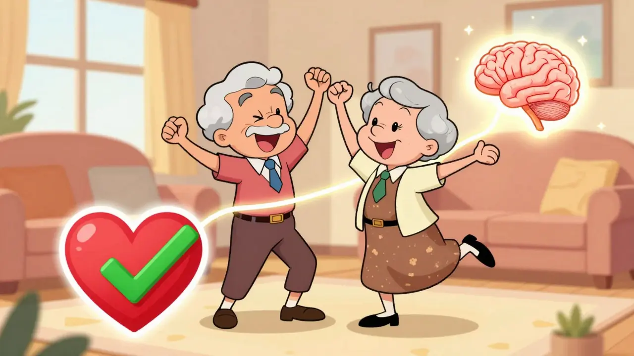 Happy elderly couple dancing, symbolizing protected heart and brain health