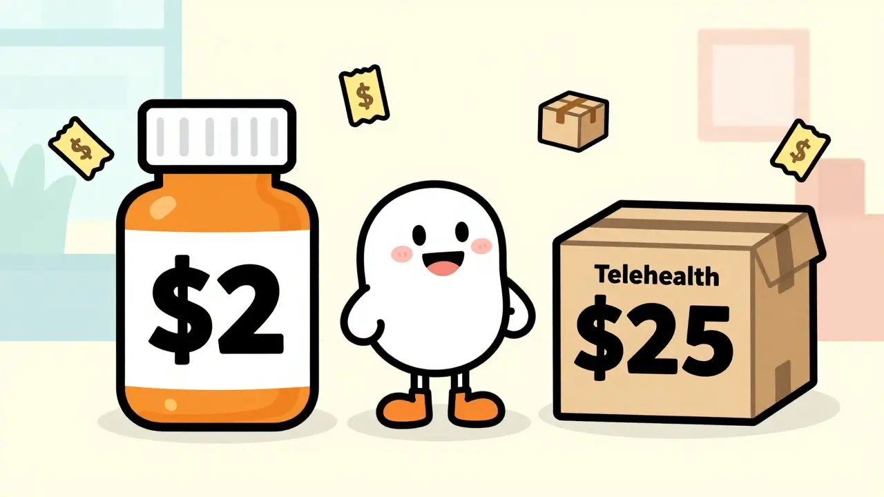 Illustration comparing low-cost pill bottles with subscription telehealth boxes
