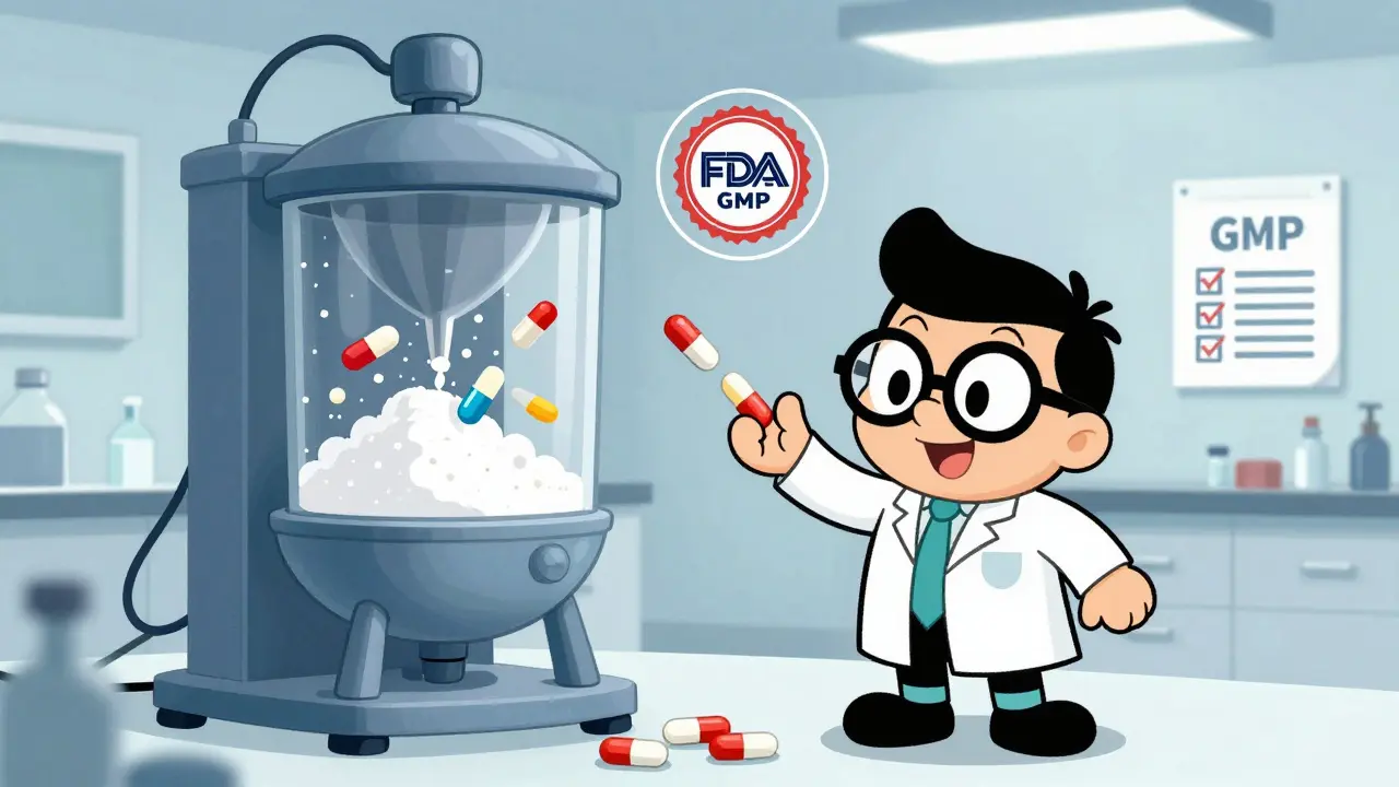 Illustration of scientists manufacturing generic pills in a regulated lab.
