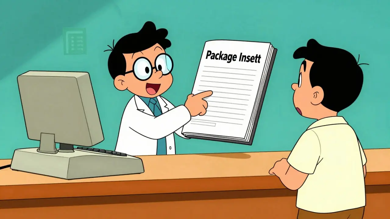 Pharmacist explaining package insert details to a patient