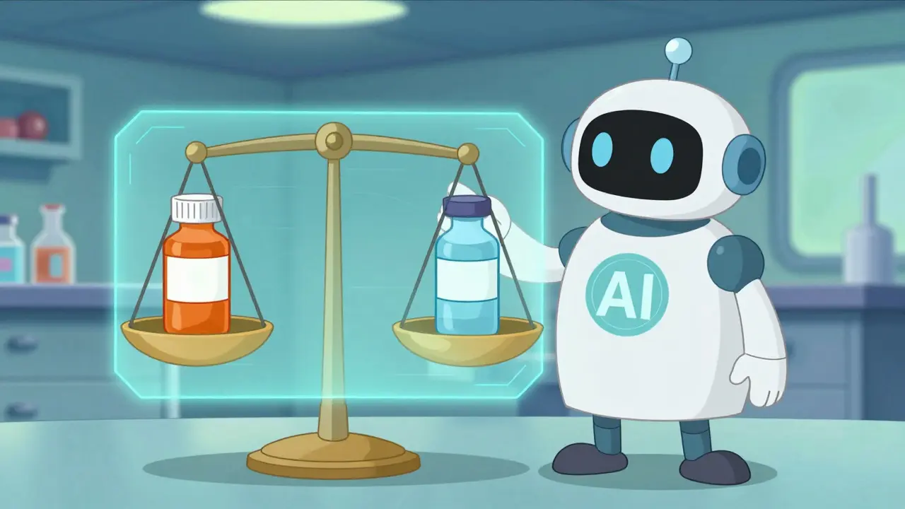 Scientist and AI assistant viewing a balanced scale of drugs, symbolizing regulatory acceptance.
