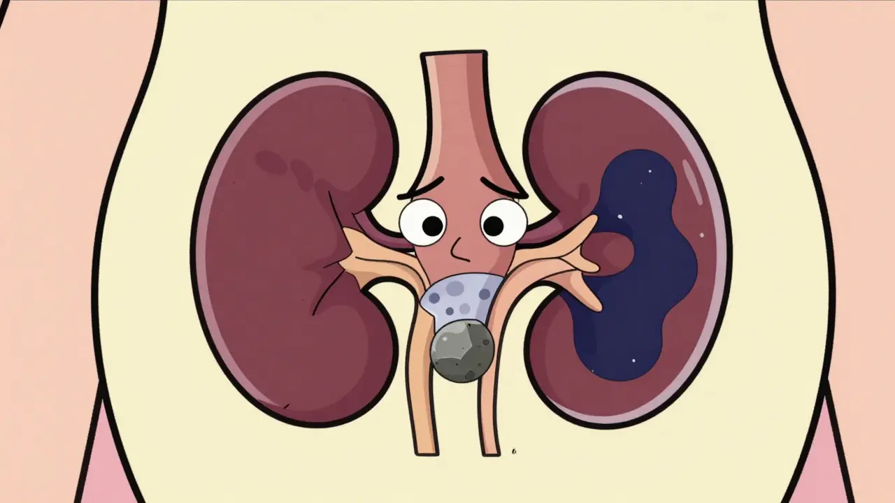 Stylized cartoon kidney swollen with fluid and blocked by stone