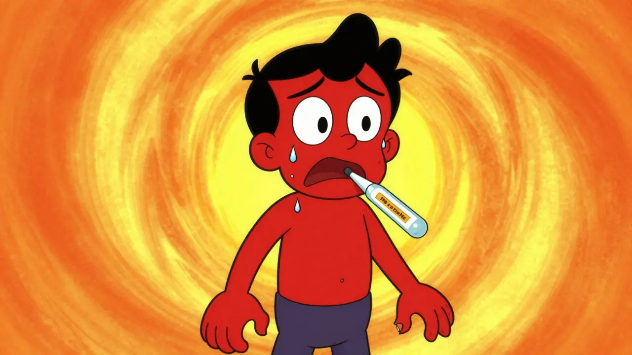 Cartoon character showing flushed skin and dilated pupils