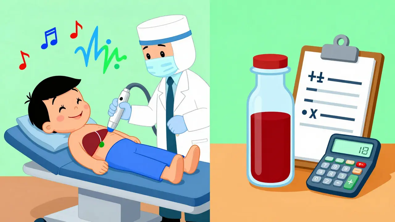 Cartoon comparison of FibroScan ultrasound and blood test