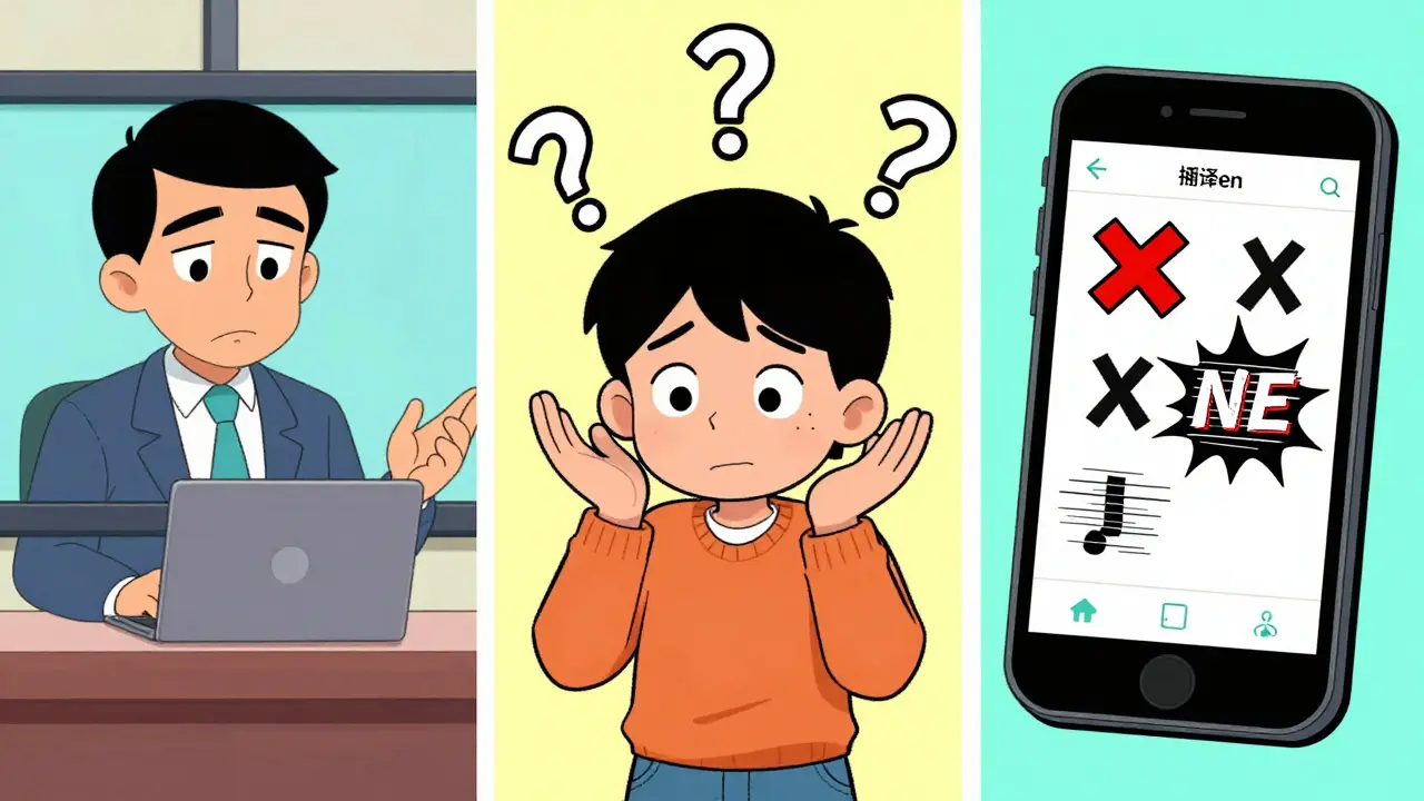 Cartoon comparison of professional interpreter, family, and app errors