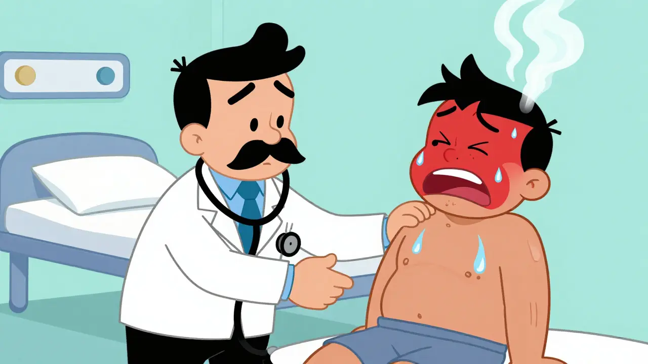 Cartoon doctor treating patient with shivering and fever symptoms