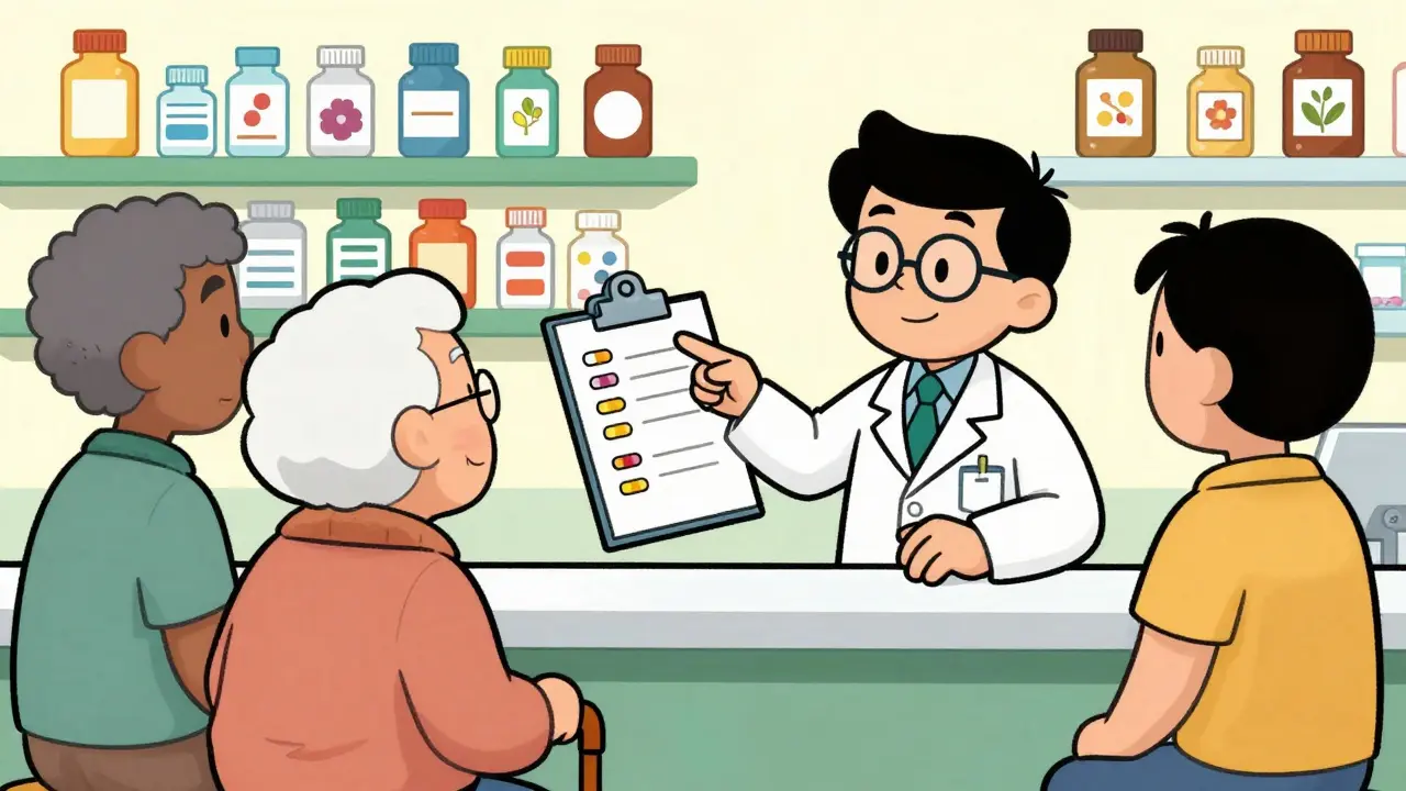 Cartoon pharmacist reviewing medication list with patients