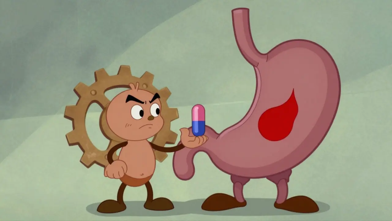 Character interacting with a stomach pump mechanism representing PPI action