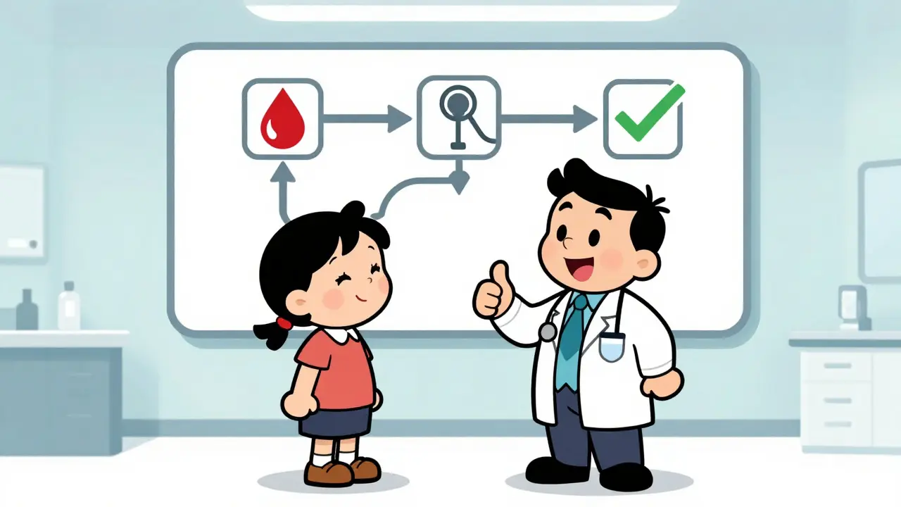 Doctor and patient reviewing a simple diagnostic flowchart