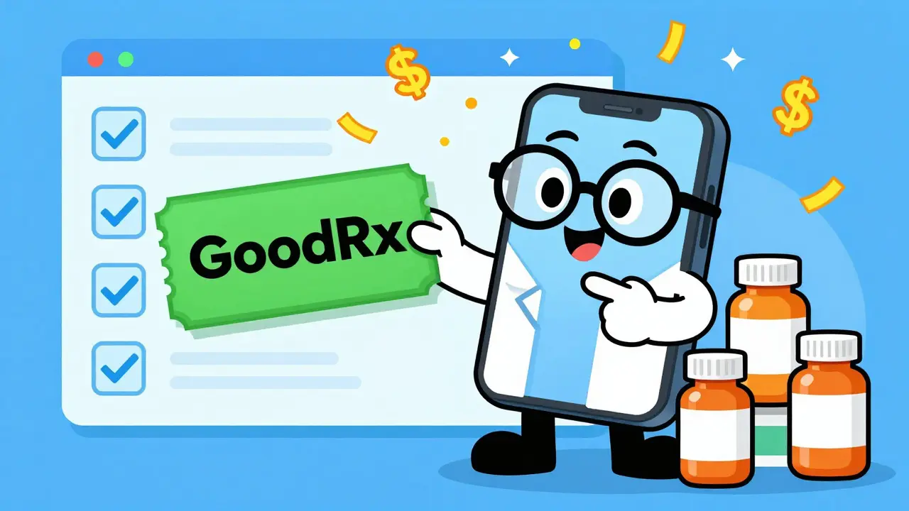 Friendly phone character showing discount coupons and medicine