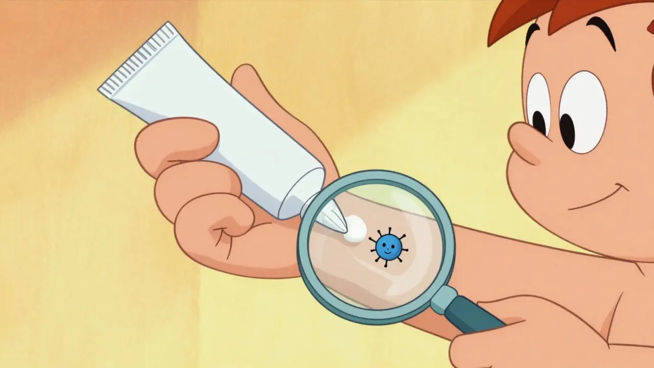 Hand applying cream to an arm with molecules shown staying on the skin surface.