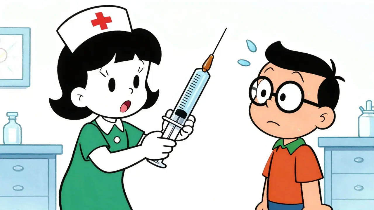 Nurse preparing a large syringe while a nervous patient watches in fear.