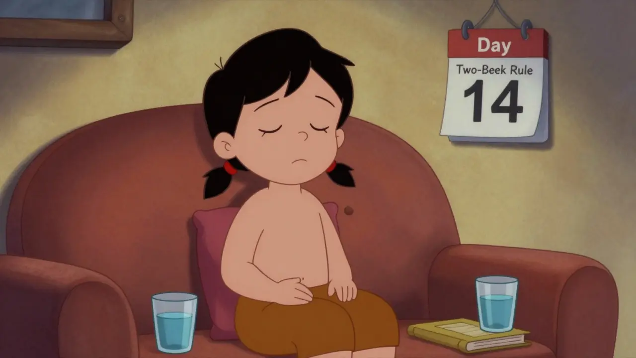 Patient calmly practicing breathing exercises next to a calendar marking two weeks.