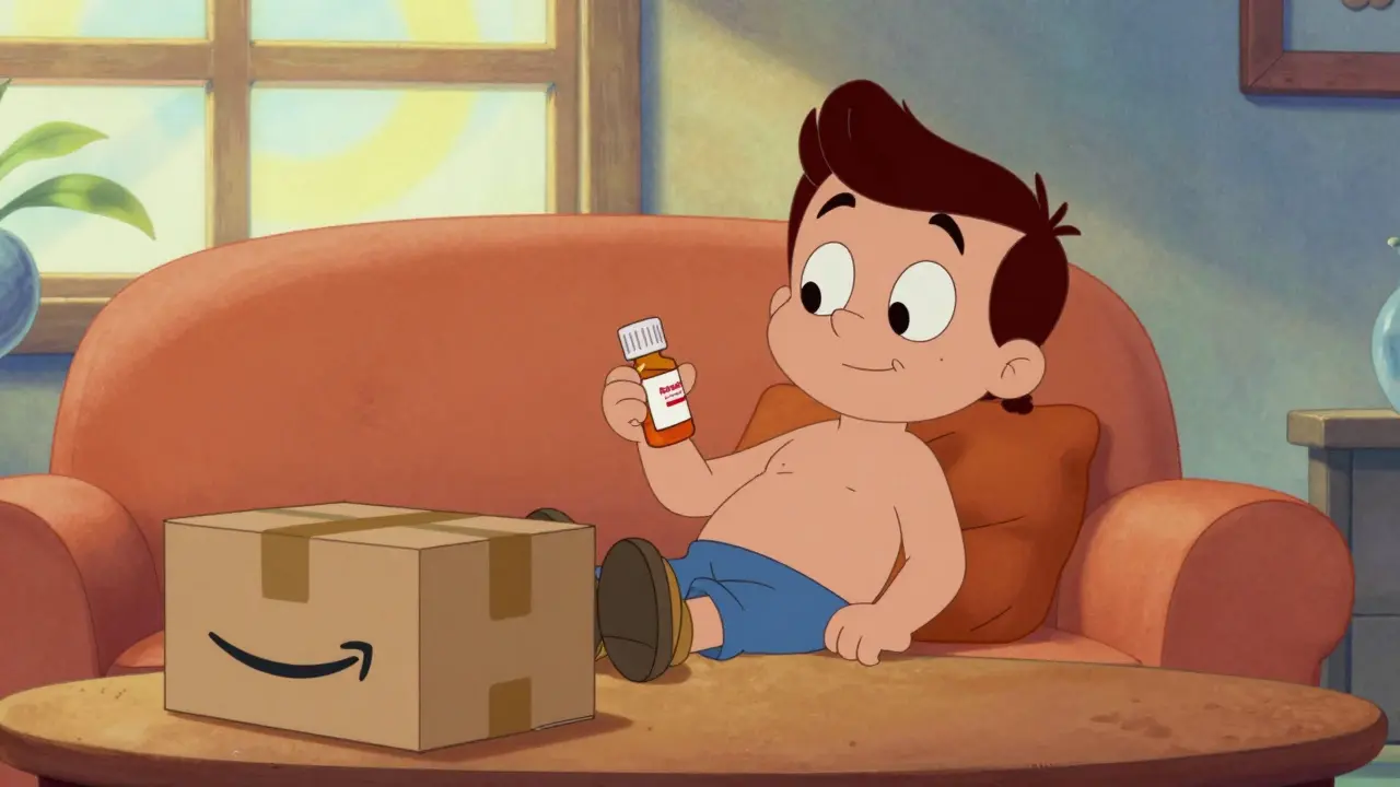 Relaxed patient with medicine bottle and delivery package
