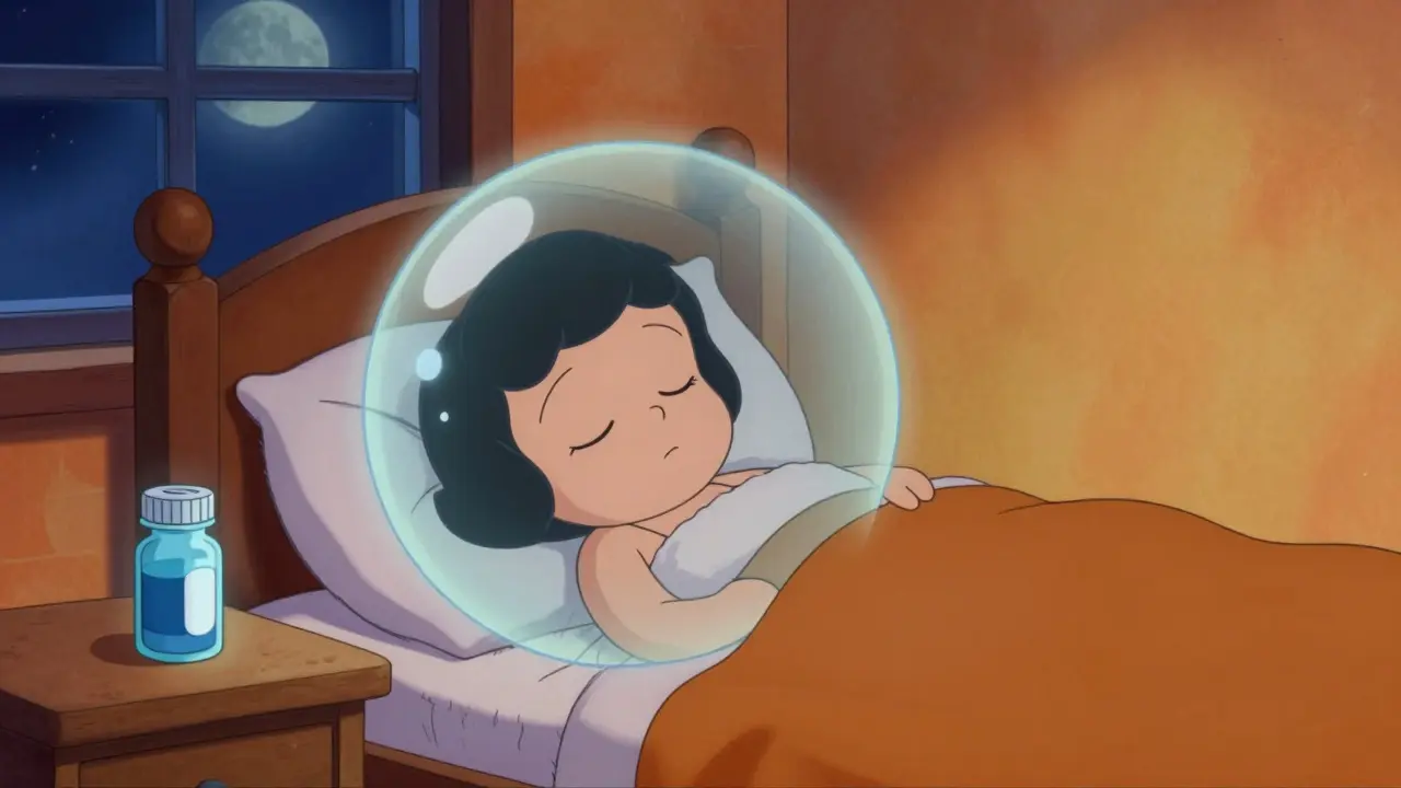 Sleeping character protected by a blue shield from an H2 blocker pill at night
