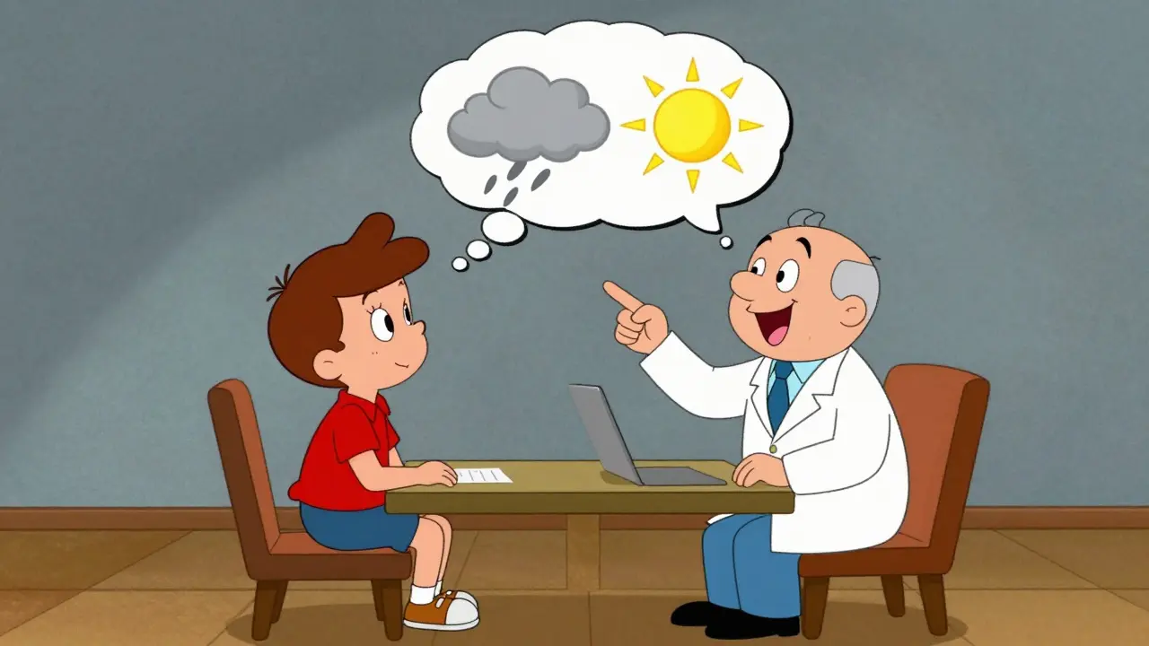 Therapist helping a patient visualize changing negative thoughts to positive ones.