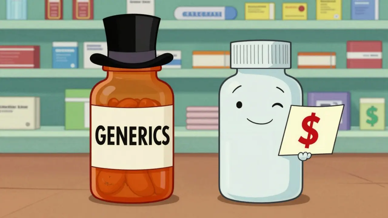 Two cartoon pill bottles comparing brand vs generic costs