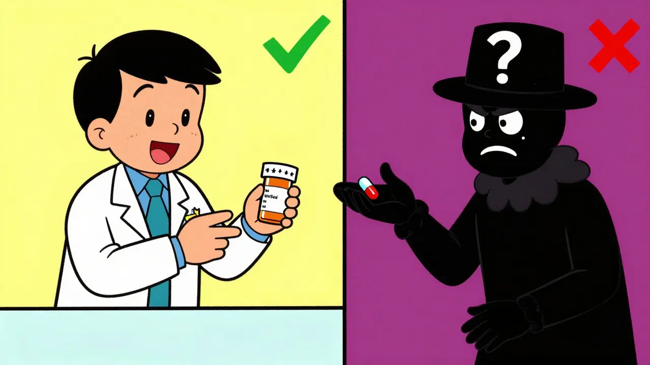 Cartoon comparison of safe vs unsafe online pharmacies