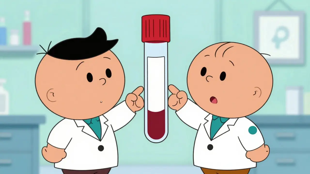 Cartoon doctor and pharmacist checking blood test tube