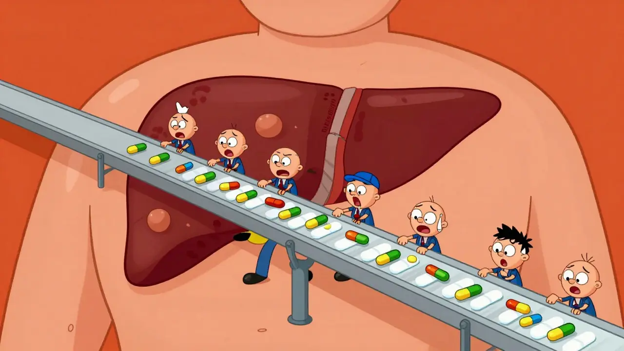 Cartoon liver enzymes overwhelmed by drug processing