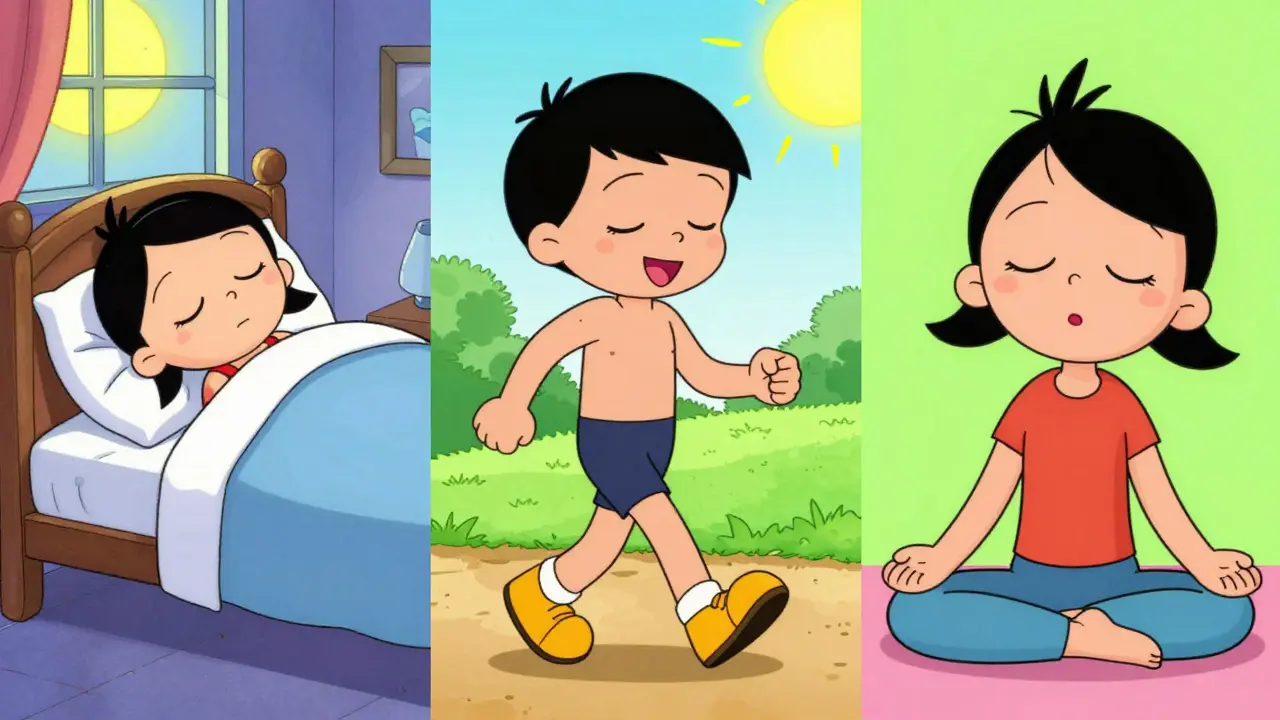 Characters sleeping, walking, and meditating for health
