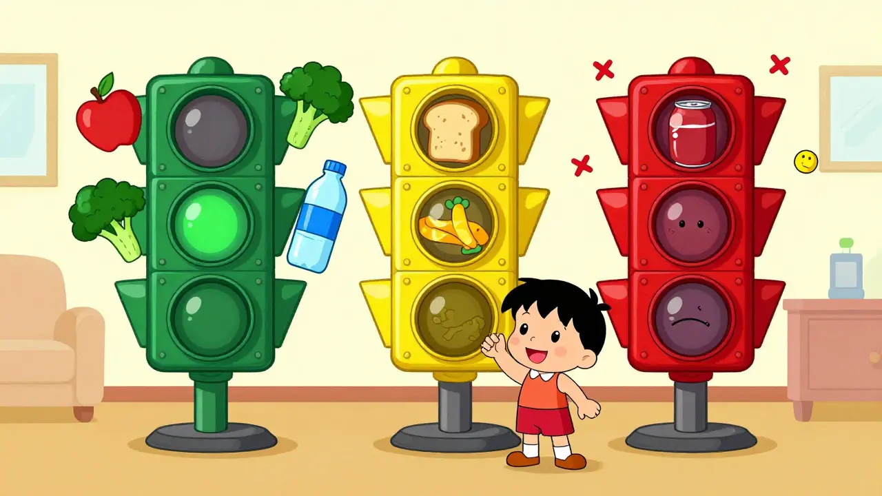 Child learning food choices via color-coded diet icons