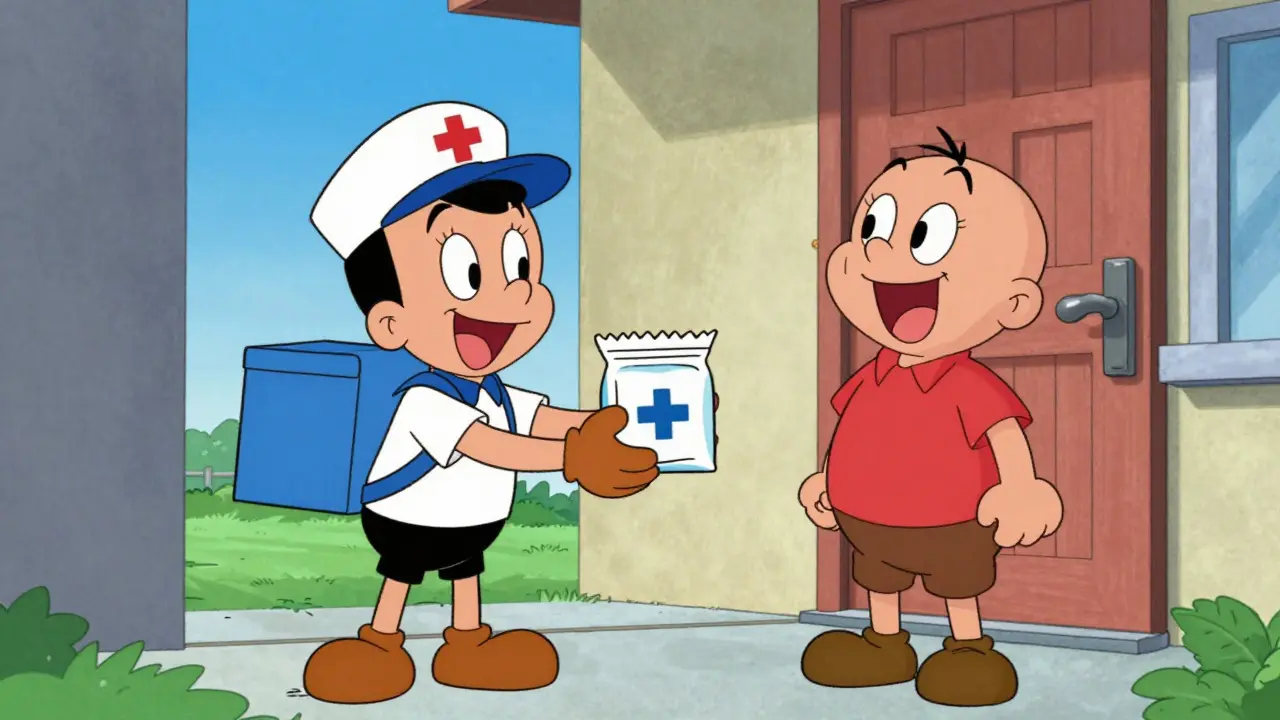 Courier delivering medicine package to happy patient at doorstep