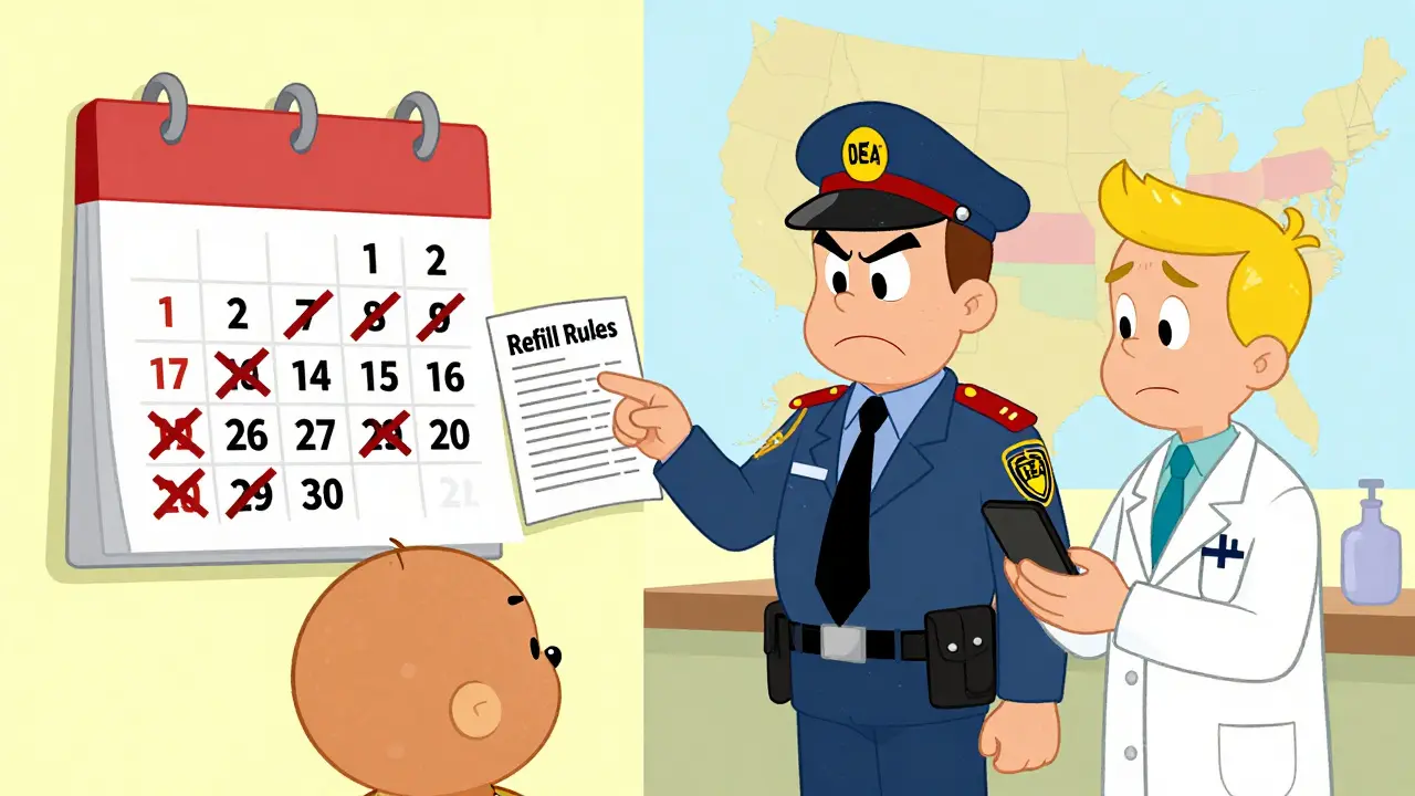 Doctor and agent explaining strict refill rules with calendar and US map