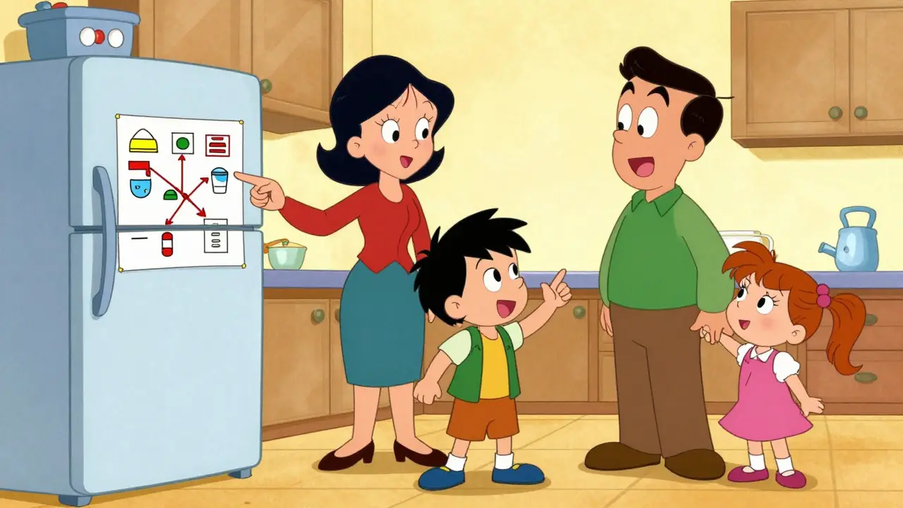 Family reviewing emergency med location map on fridge together