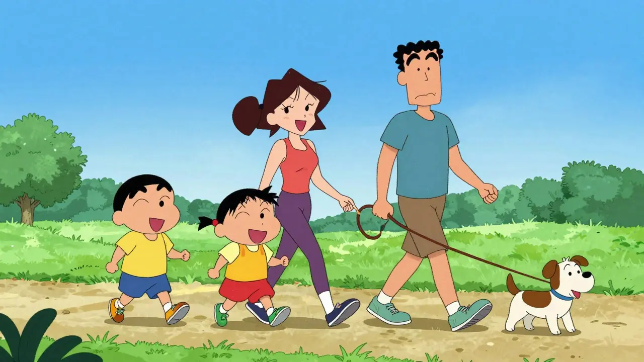 Family walking happily in park during outdoor exercise