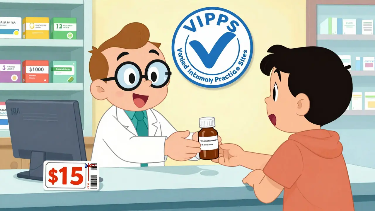 Friendly pharmacist handing generic meds with VIPPS seal and low price tag