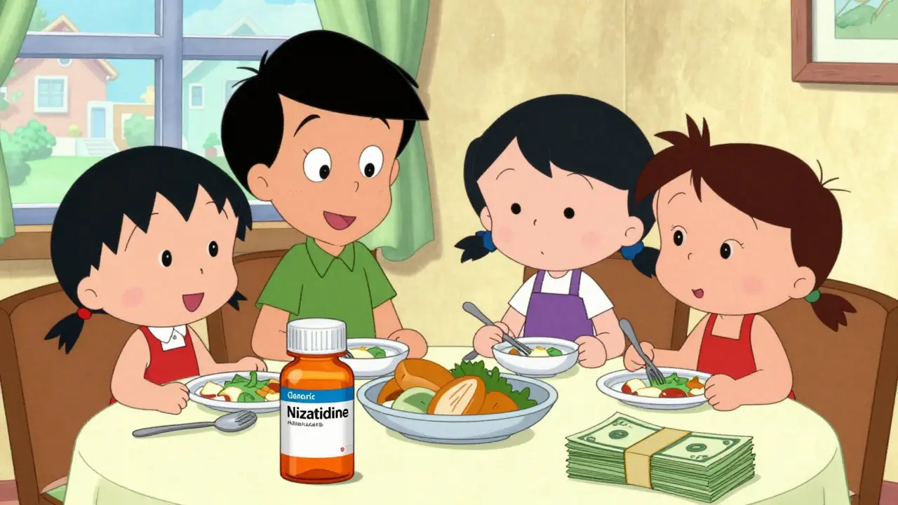 Happy family dining with generic medicine and savings