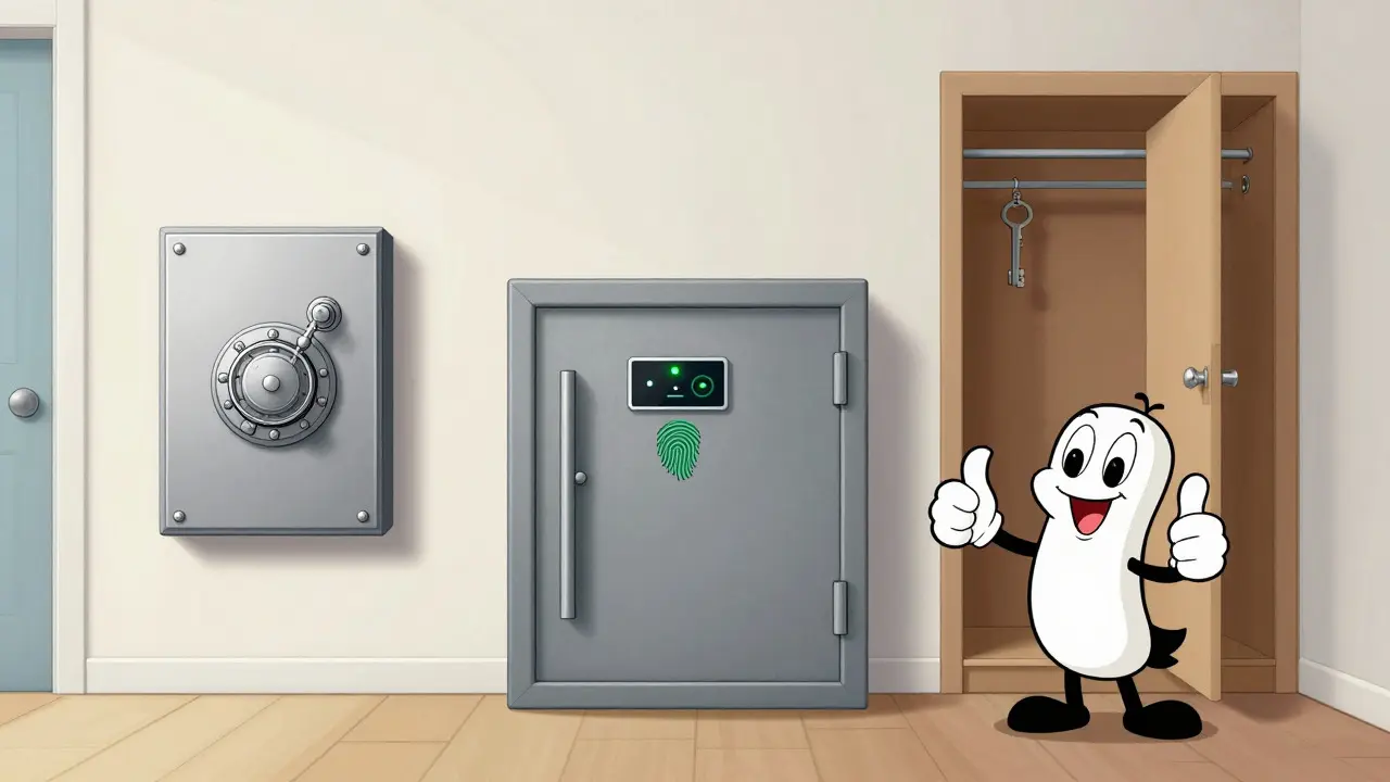Illustration of combination, biometric, and key-lock safes for meds