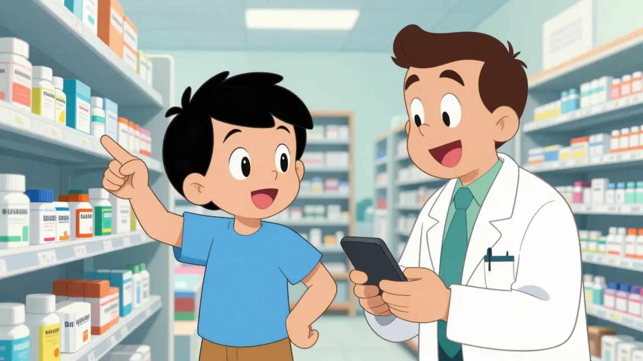 Patient discussing generic options with smiling pharmacist