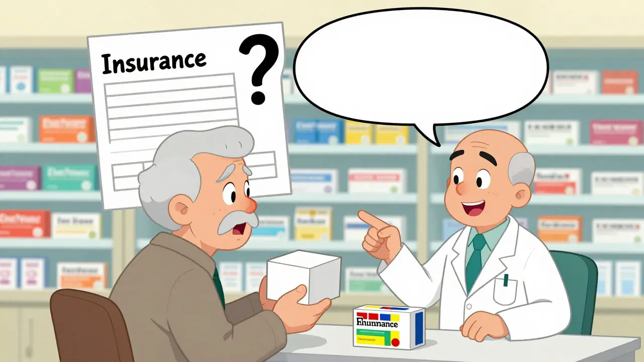 Pharmacist explaining packaging change to a surprised patient