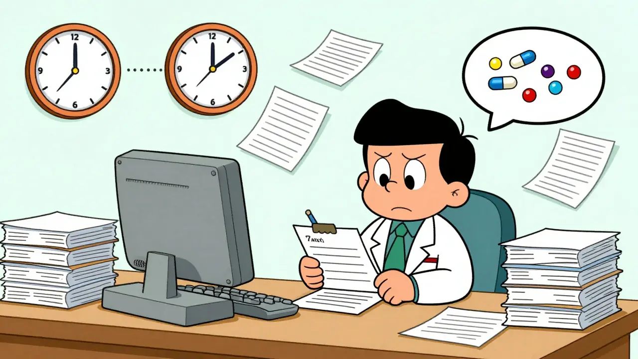 Stressed doctor overwhelmed by paperwork in Hanna-Barbera style