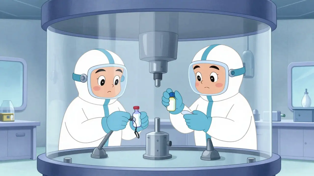 Workers in sterile suits operating inside a modern isolator chamber.