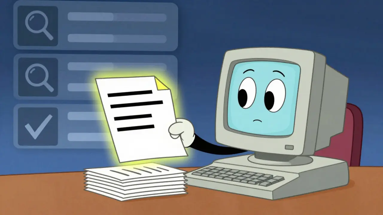 Animated computer character sorting through documents with black borders
