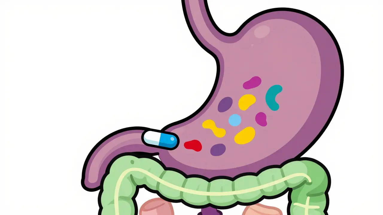 Animated cross-section showing food slowing down pill absorption in the gut