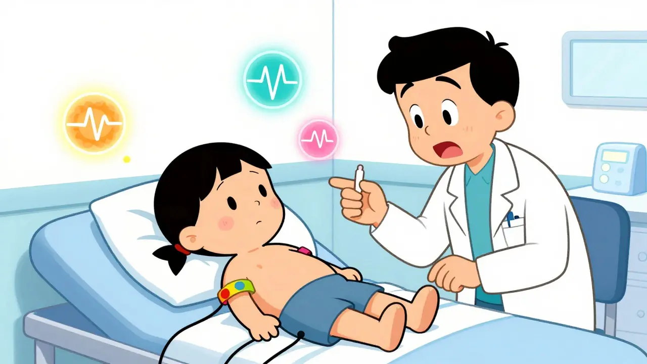 Animated doctor explaining a sleep study to a child in a clinic