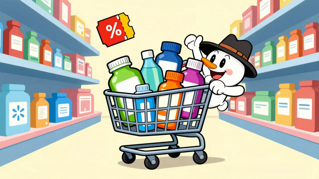 Animated shopping cart full of generic medicine bottles
