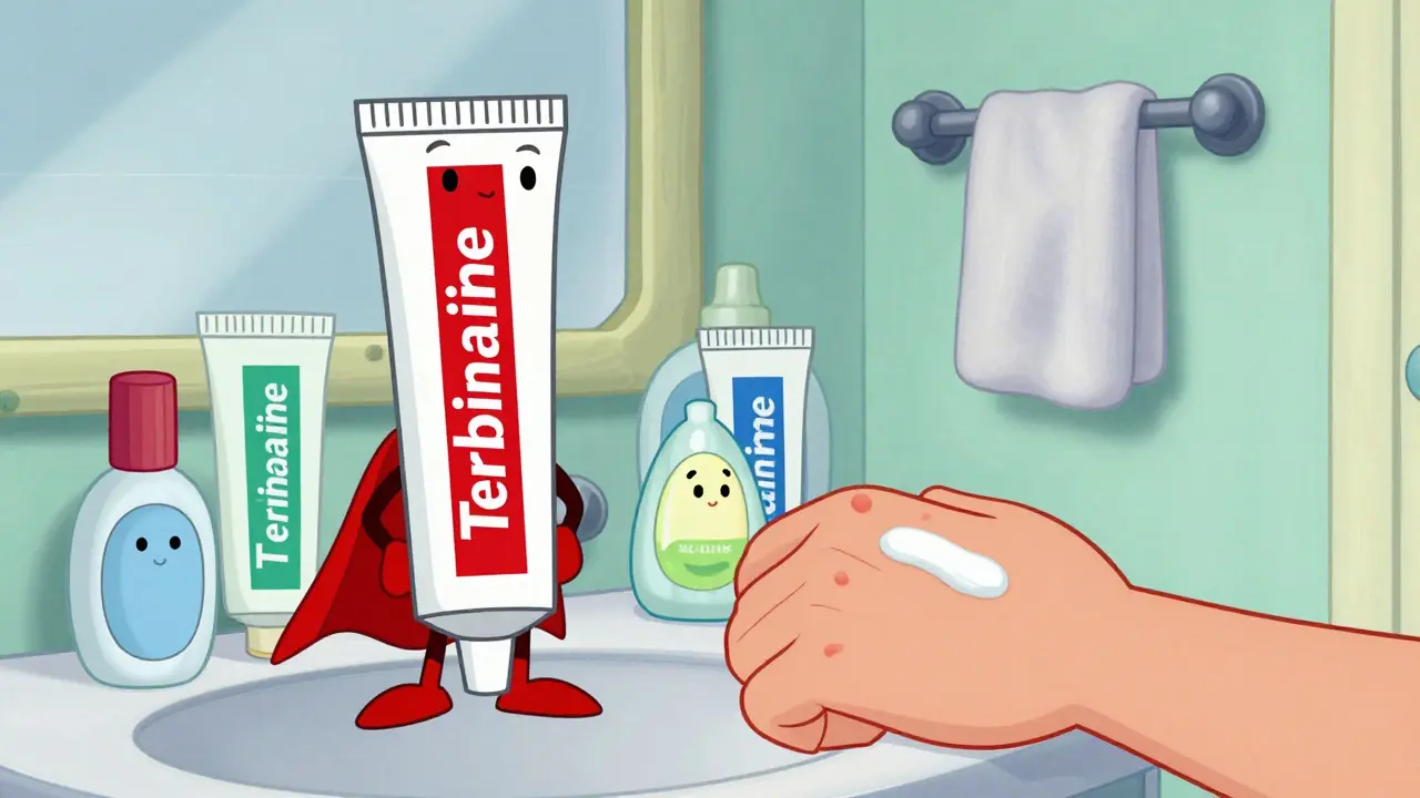 Animated tube of antifungal cream being applied to skin beyond rash border in bathroom setting