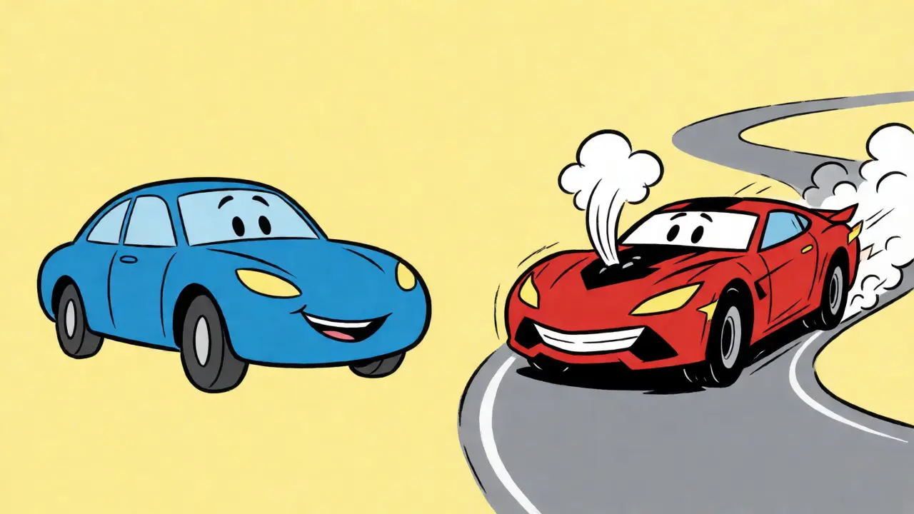 Blue sedan and red sports car comparing medication types