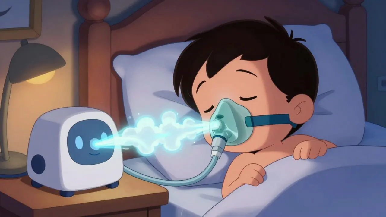 Cartoon child sleeping comfortably with a CPAP mask and airflow clouds