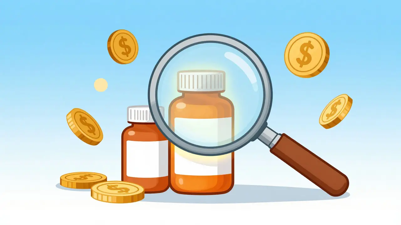 Cartoon magnifying glass highlighting a discounted medicine bottle among others