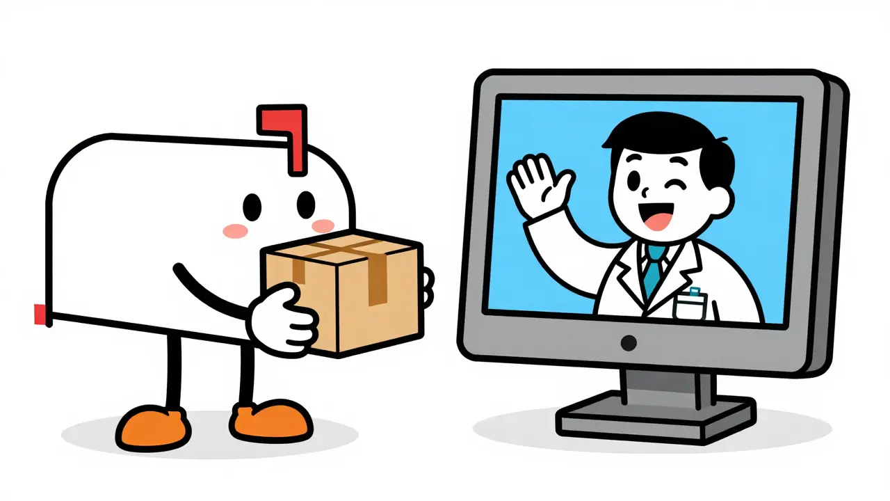 Cartoon mailbox receiving medicine and computer showing doctor