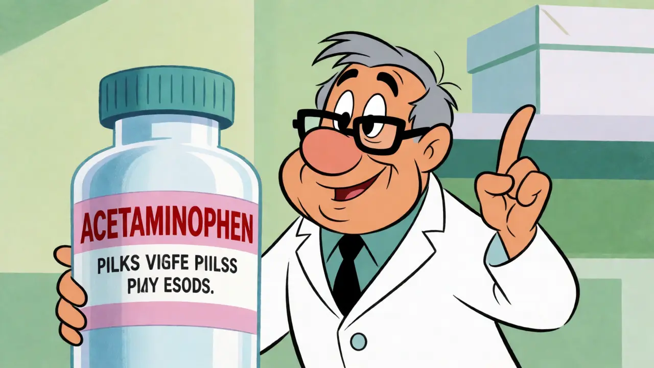 Cartoon pharmacist explaining safe acetaminophen usage