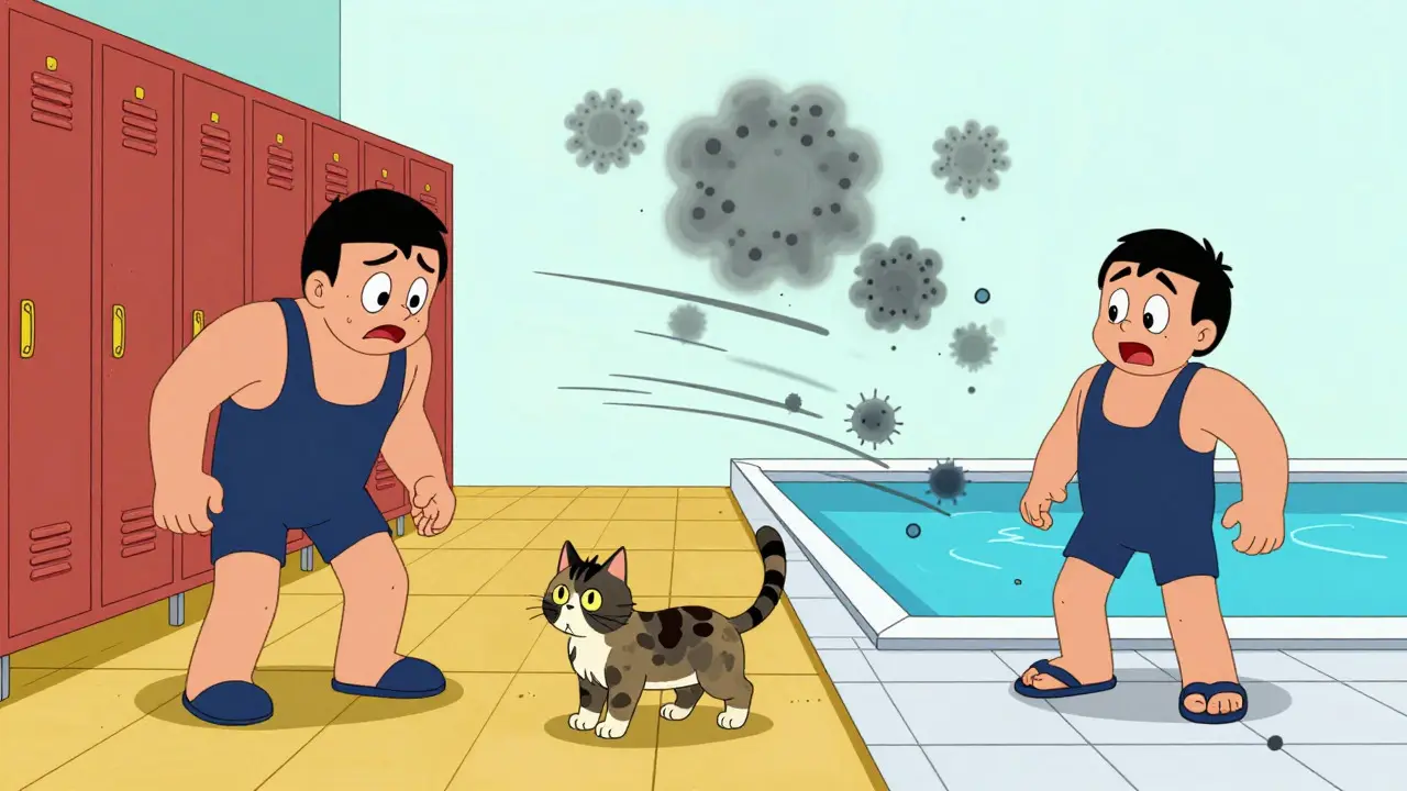 Cartoon wrestlers and pets surrounded by fungal spores, contrasting with person wearing flip-flops