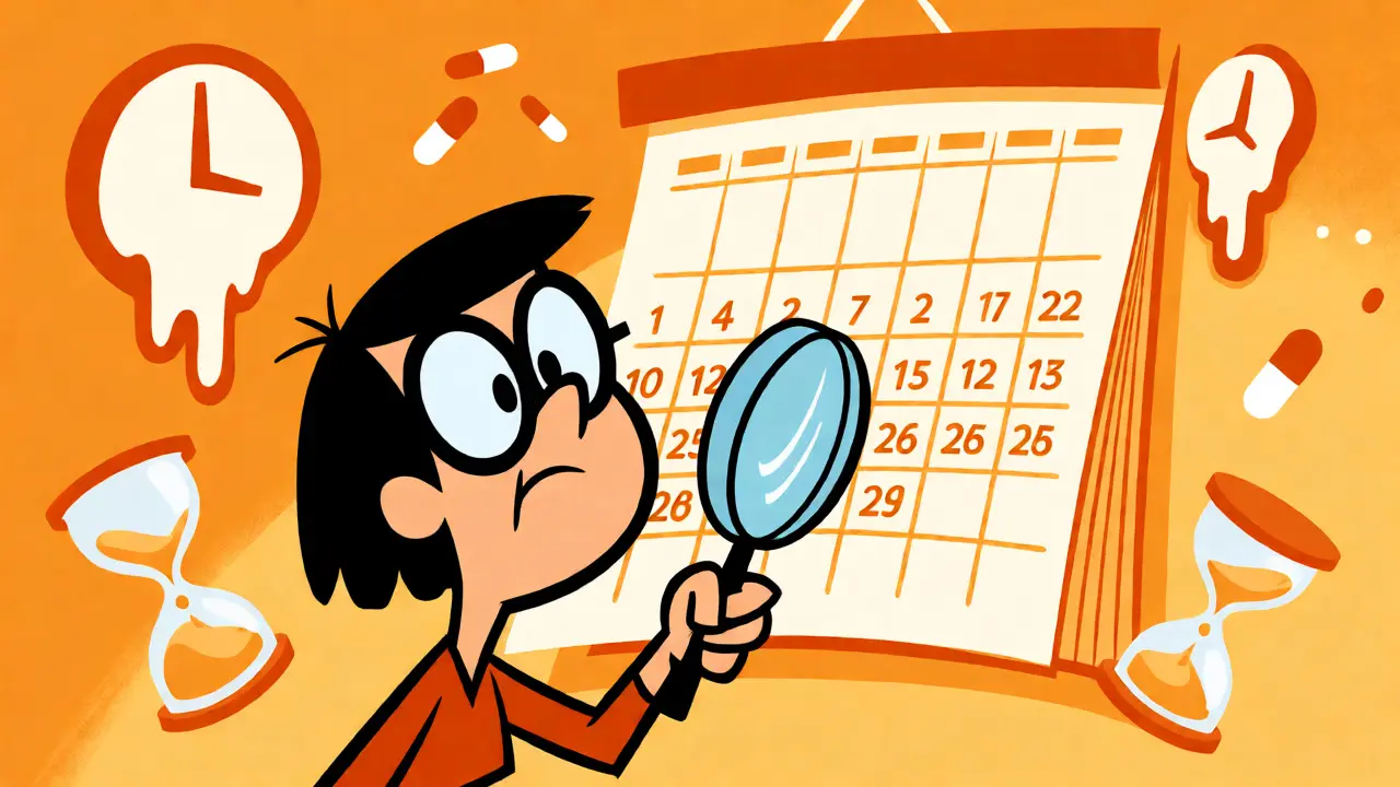 Character checking a calendar to visualize treatment timeline