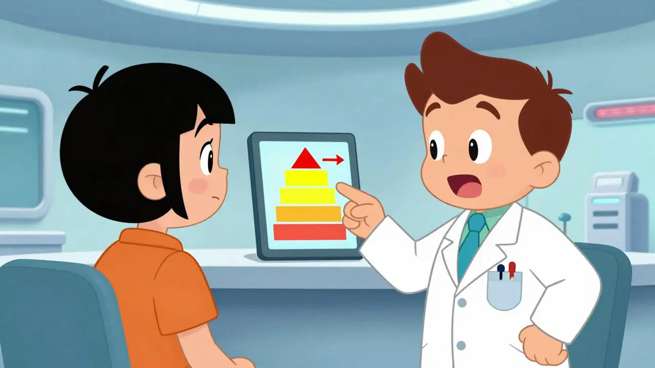 Doctor and patient viewing a color-coded risk diagram on a tablet